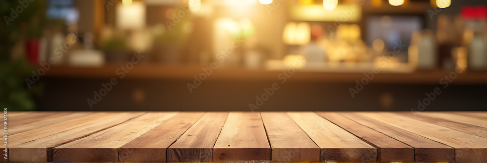 Poster the wood textured tabletop features a blurred gold bokeh effect in the background of a busy counter 