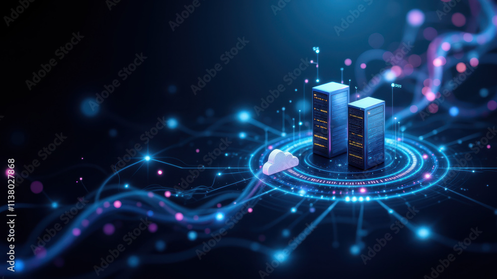 Aufkleber modern data center with vibrant blue lights and abstract network patterns, emphasizing cloud computi