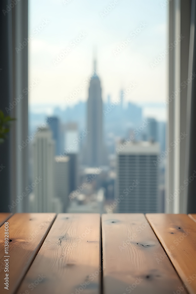 Poster the wood table top blended in with a blurred curtain, creating a subtle backdrop for a stunning city