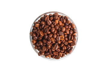 Fototapeta premium There is a glass cup with coffee beans on a white background.