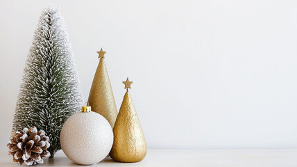 A festive Christmas arrangement showcasing pine branches, golden and silver ornaments, and a large pine cone against a textured light grey and khaki-toned background. The composition exudes elegance