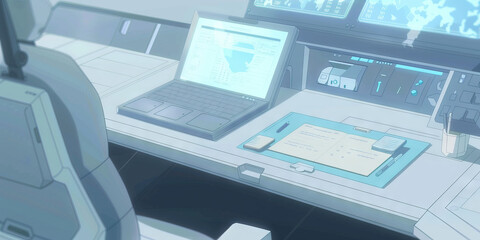 Futuristic Workstation with Laptop and Control Panel