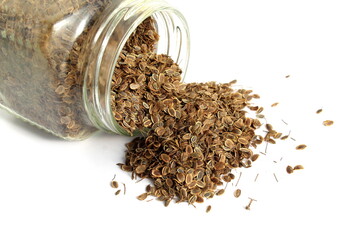 Lots of dill seeds spilled out of the glass jar.