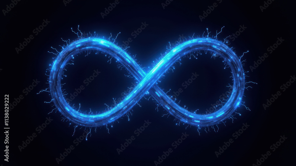 Poster a digital infinity symbol glowing with a blue neon effect against a dark background, embodying endle