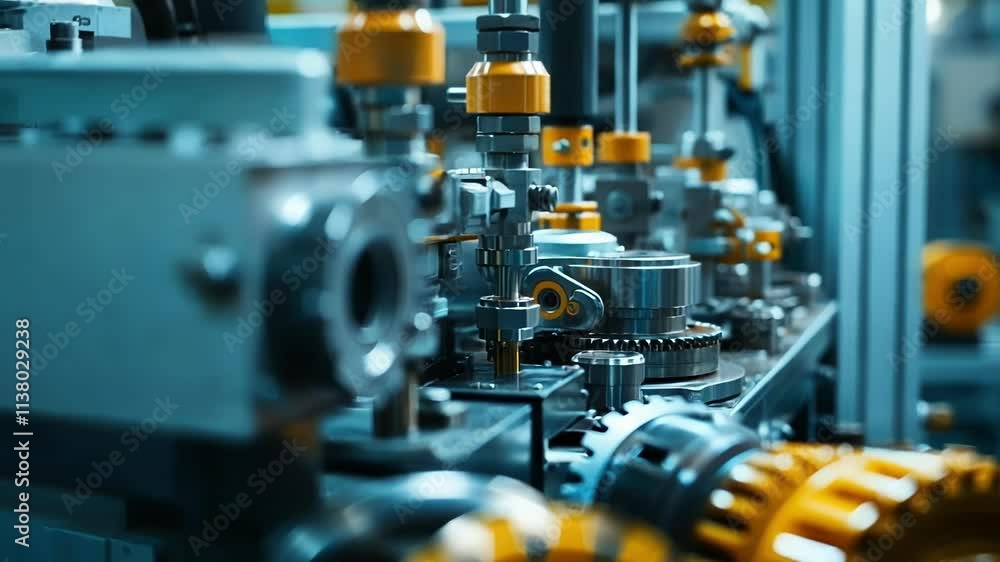 Poster complex machinery with yellow and silver components operates efficiently, assembling equipment in a 