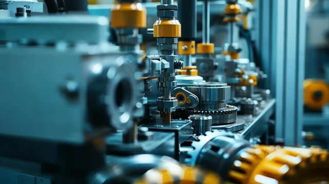 Complex machinery with yellow and silver components operates efficiently, assembling equipment in a modern factory setting. Precision and automation define the manufacturing process