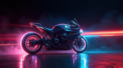 Futuristic Motorcycle with Colorful Lights and Laser Beams