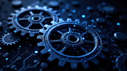 Precision-engineered gears and microcircuits interlocked, symbolizing seamless integration of technology systems such as CI/CD, DevOps, Kubernetes, Docker.