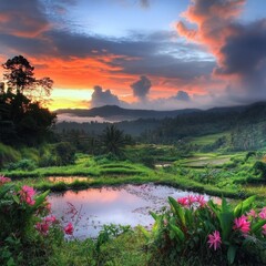 Serene Sunset Over Rice Terraces and Pond