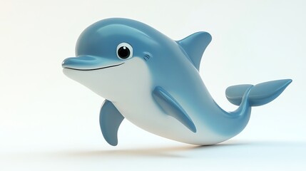 A cartoon dolphin with big eyes smiles and looks at the camera.