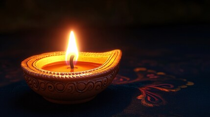 A single glowing diya (oil lamp) illuminates a dark background, symbolizing warmth and spirituality.