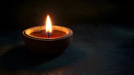 A serene, glowing candle in a clay bowl, casting a warm light in a dark setting.
