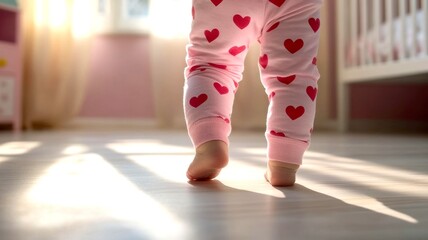 Cute Toddler Legs in Heart Pajamas Walking in Nursery