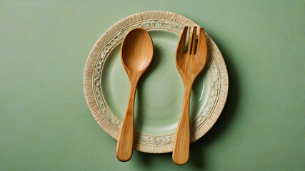 Top view of reusable wooden bamboo spoon and fork on a plate, eco-friendly and natural cutlery. Perfect disposable set for sustainable dining, set against a light green background.