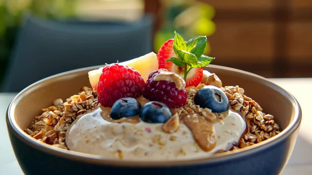close up a bowl of healthy yogurt with oat , strawbery, blueberry on table