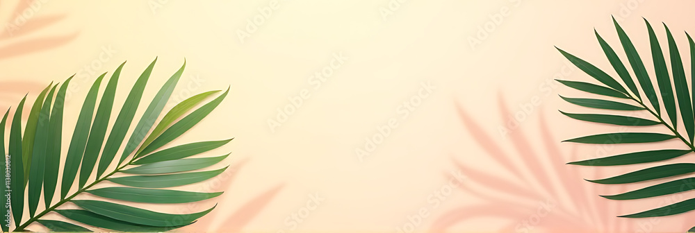 Poster summer vibes are created with tropical leaves on a soft pastel colored background for visually appea