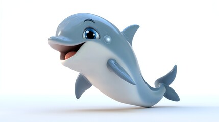 A cartoon dolphin with big eyes smiles and looks at the camera.