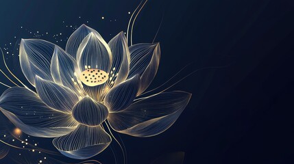 A background with lotus flowers in the shape of an arch, with golden lines on a dark blue background