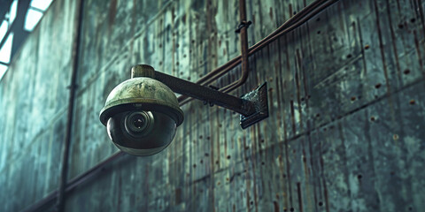 Weathered Dome Security Camera on Rusted Metal Wall