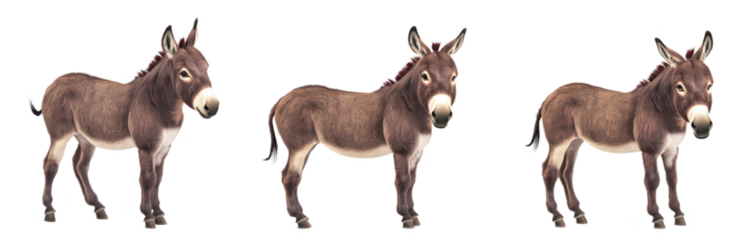3D donkey models showcasing different angles, realistic textures, detailed fur, expressive features, isolated on transparent background, png
