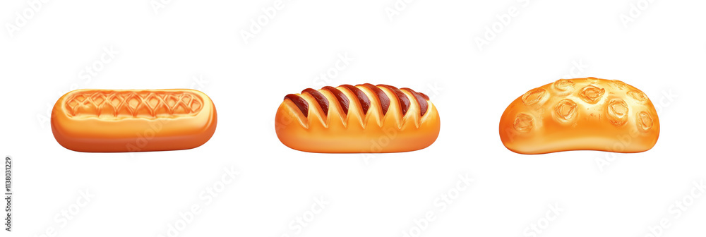 Poster breads assortment, three distinct types of bread, showcasing different shapes and textures, includin