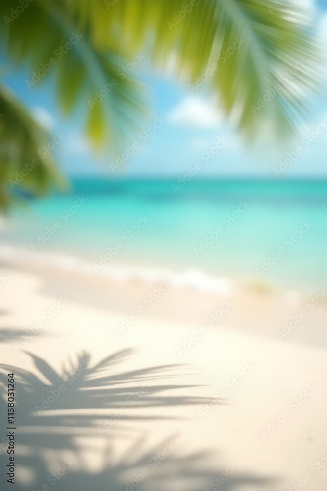 Poster Summer and holiday backgrounds feature selective focus on white sand and shadows of tree leaves in warm environments._00001_