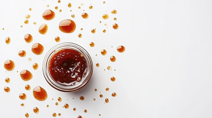 Small jar of jam surrounded by sauce droplets on white background.
