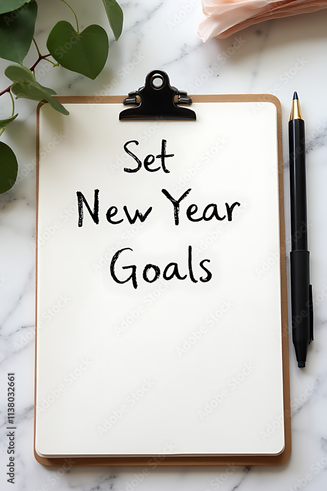 Poster setting new year goals involves brainstorming ideas with a notepad and office supplies in a business