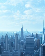 Obraz premium Data stationarity concept illustrated through steady graph lines within lively city landscape. Innovative analytics blending with bustling urban energy.