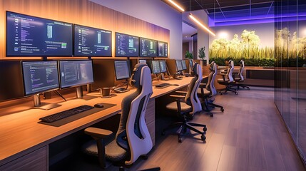 Customer support desk with headsets and computer screens 