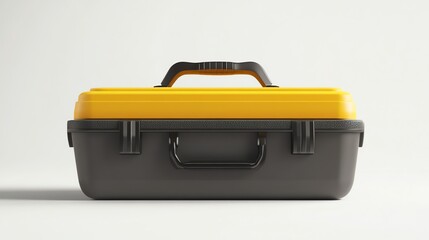 A green plastic toolbox with a yellow lid and a black handle, isolated on a white background.