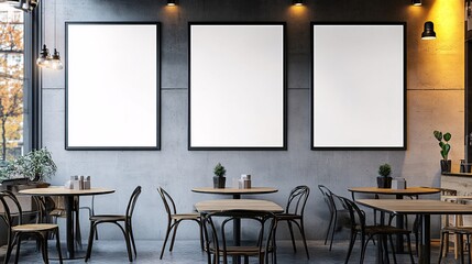 Stylish cafe interior featuring empty frames, perfect for artwork display. Cozy and modern atmosphere with warm lighting.