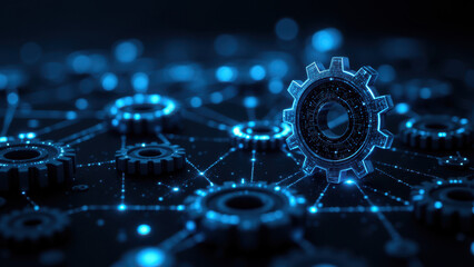 A digital representation of a networked cloud with gears, symbolizing technology and automation processes.