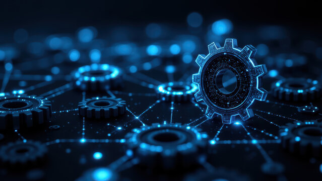 A digital representation of a networked cloud with gears, symbolizing technology and automation processes.