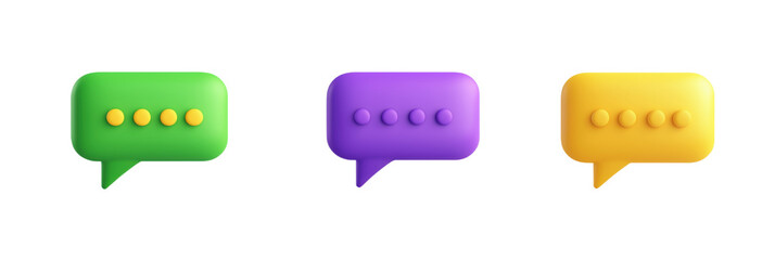 Colorful speech bubbles, green, purple, yellow, three distinct chat icons, modern design, minimalistic style, isolated on transparent background, png