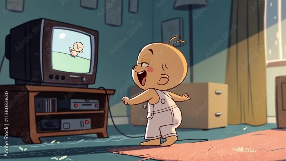 Poster fuzzy delight the animated baby twirls with glee while the crt monitors surface shows slight ripples