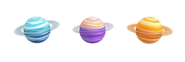 Colorful planet-like eggs with rings, three distinct designs in blue, purple, and orange, smooth textures, artistic representation, isolated on transparent background, png