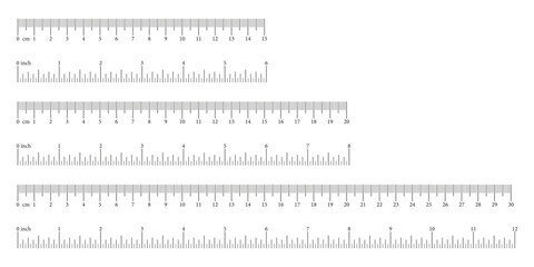 Measuring tools, scales icons. Inch, metric rulers. Scale for ruler in centimeters, inches. Metrics indicators cm, inch.