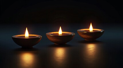 Three elegant oil lamps with soft flames glowing in the dark, creating a serene and peaceful atmosphere.