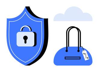 Shield with lock, a shopping bag with a tag, and a cloud. Ideal for ecommerce, online shopping, data security, digital protection, cybersecurity retail safety and cloud storage. Line metaphor