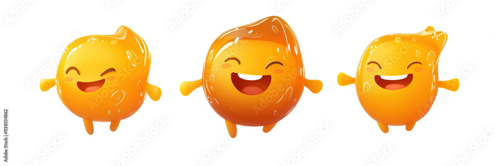 Poster cheerful animated characters, three smiling orange blobs with different textures, playful expression