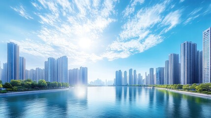 Obraz premium A sweeping view of a modern city skyline with high-rise buildings lining a tranquil waterfront. The blue sky is bright, with gentle clouds overhead, creating a sense of openness .