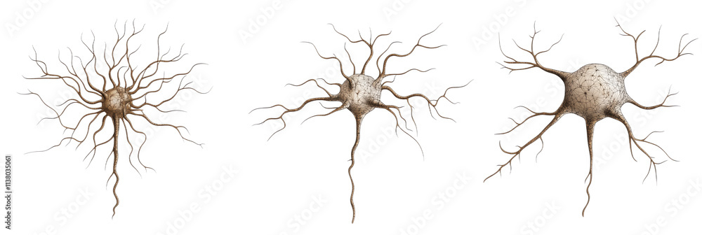 Poster neurons with intricate dendritic structures, showcasing various shapes and connections, representing
