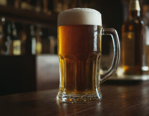 A beer mug in a dim bar setting, glowing against a dark wooden background.