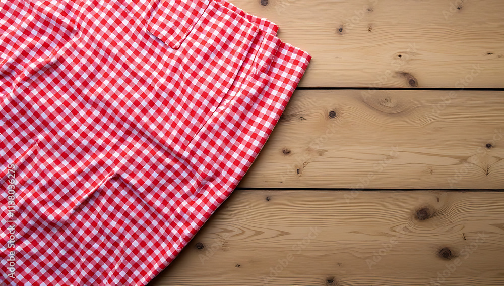 Poster Red and white checked fabric or cloth laid out on a wooden tabletop in an isolated background setting._00002_