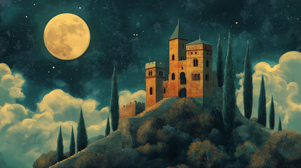 Naklejka premium 美しい城と月夜のファンタジーイラスト,幻想的,挿絵,ゲーム,背景