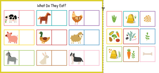 What do they eat cut and glue game with cute farm animals. Educational activity page for kids. Animals and food they eat matching game for school and preschool. Vector illustration