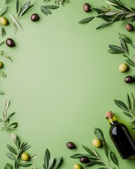 Olive oil and fresh olives on a green background
