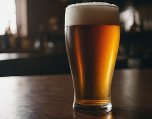 A tall glass of beer standing alone, its golden liquid glowing softly.
