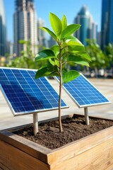 Fototapeta premium Innovative green technology promotes sustainability through solar energy and urban gardening in a city skyline setting